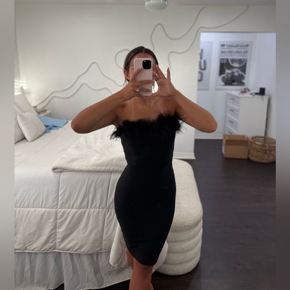 Amazon Strapless Black Dress with Feather Accent
